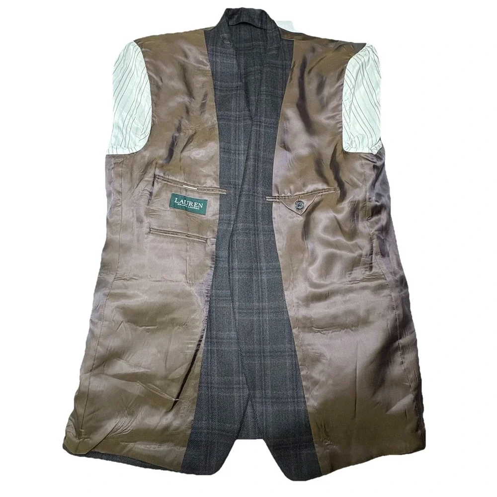 Lauren‎ Ralph Lauren Blazer 44L Wool Elbow Patches Brown Blue Windowpane Plaid
